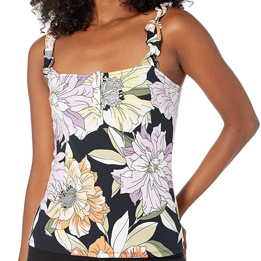 Guess Women’s Sumatra Floral Print Black Ruffle Tank Top
